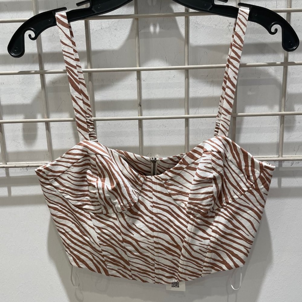 NWT Zara White Brown Zebra Print Linen Blend Structured Crop Top Small